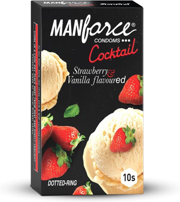 Manforce Cocktail Strawberry & Vanilla Flavoured Condoms for Men with Dotted Rings| Double the Fun with Double Flavour| Extra Dotted for Her Extra Stimulation| India’s No. 1* Condom Brand| Lubricated Latex Condoms| 10 pcs