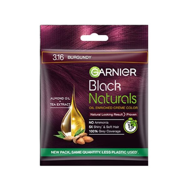Garnier, Hair Colouring Crème, 100% Grey Coverage, Softening and Increased Shine, Black Naturals, 3.16 Natural Burgundy, 20g + 20ml