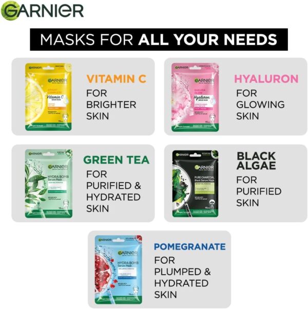 Garnier Skin Naturals, Face Mask Set, Hydrating, Pore Reducing, Brightening, and Enhances Glow, Hydra Bomb Serum Mask & Black Serum Mask, 5 pcs, 140g - Image 8