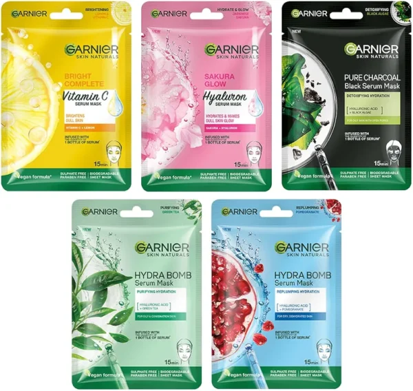 Garnier Skin Naturals, Face Mask Set, Hydrating, Pore Reducing, Brightening, and Enhances Glow, Hydra Bomb Serum Mask & Black Serum Mask, 5 pcs, 140g