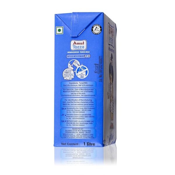 Amul Taaza Homogenised Toned Milk 1 L Tetra Pack, Liquid - Image 3